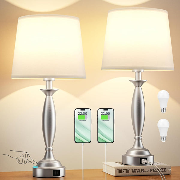 Fenmzee Touch Lamps for Bedrooms Set of 2 USB-C + USB-A 3-Way Dimmable Table Lamps – Built-In Charging & LED Lighting | BNIB