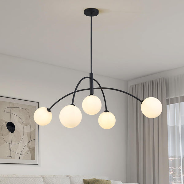 Fulesi Mid Century Chandelier Black Sputnik Ceiling Light – 5-Light Modern Sputnik with White Glass Globes | Open Box
