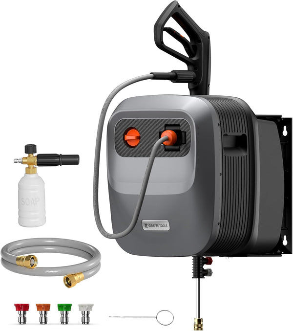 Giraffe Tools Grandfalls G20 2500 PSI Retractable Pressure Washer – Wall-Mounted with 65 ft Hose | Used (Missing Parts)