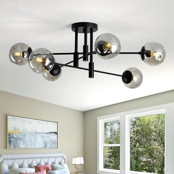 SZXYKEJI 6-Light Glass Globe Sputnik Chandelier – Modern Black Flush Mount Ceiling Light | BNIB