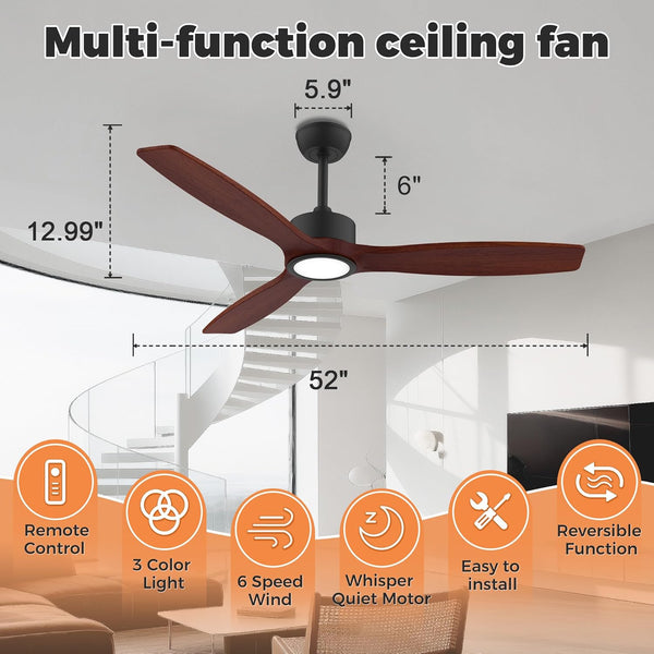 Hoenofly 52″ Wood Ceiling Fan with Lights & Remote – Quiet DC Motor, Dimmable LED, 3 Blades | BNIB
