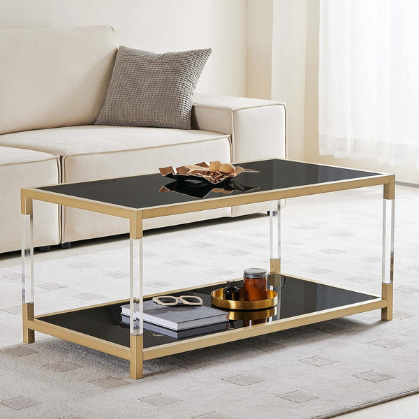 AGV LIGHTING BLEVIO Double Glass Coffee Table – Ultra Black Top & Gold Frame | BNIB
